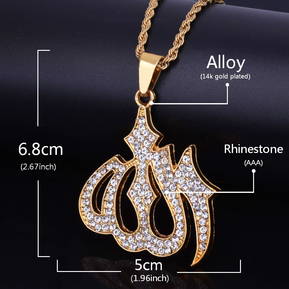 Religious Muslim Jewelry Hip Hop Style Gold Color Bling Crystal Islamic Allah Necklaces &amp; Pendants For Men/Women