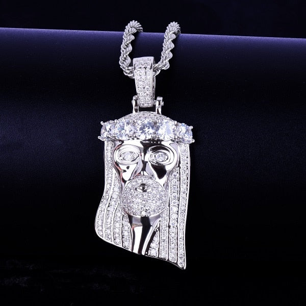 Iced Religious Jesus Head Pendant Necklace Gold Color Bling Cubic Zircon Men's Hip Hop Jewelry For Gift