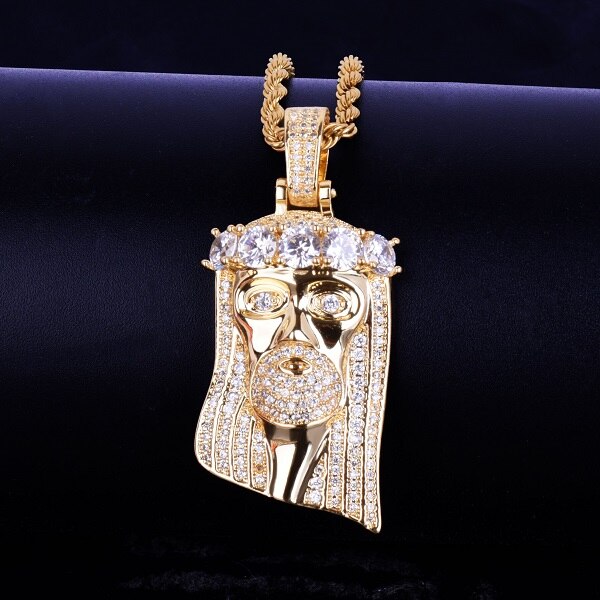 Iced Religious Jesus Head Pendant Necklace Gold Color Bling Cubic Zircon Men's Hip Hop Jewelry For Gift