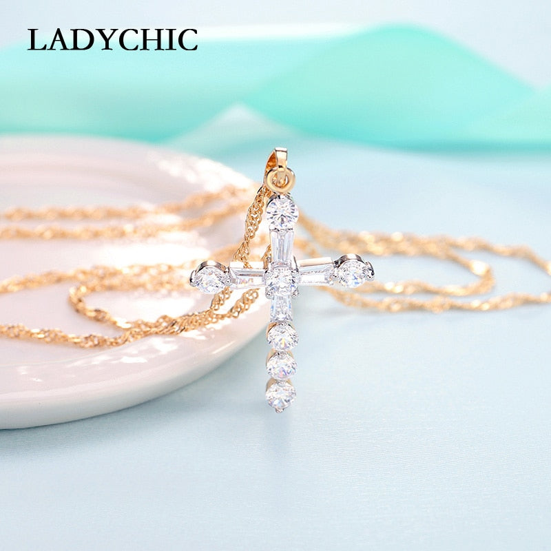 LADYCHIC Sparkling Gold Color Cross Pendant Necklace Christian Religious Luxury BLING Zircon Crystal Cross for Women Gift LN1071