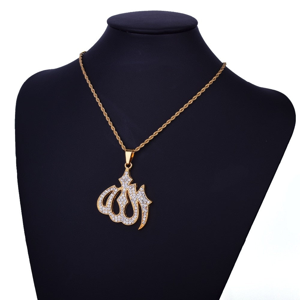 Religious Muslim Jewelry Hip Hop Style Gold Color Bling Crystal Islamic Allah Necklaces &amp; Pendants For Men/Women