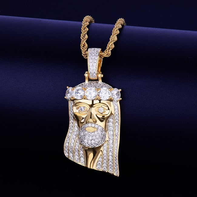 Iced Religious Jesus Head Pendant Necklace Gold Color Bling Cubic Zircon Men's Hip Hop Jewelry For Gift