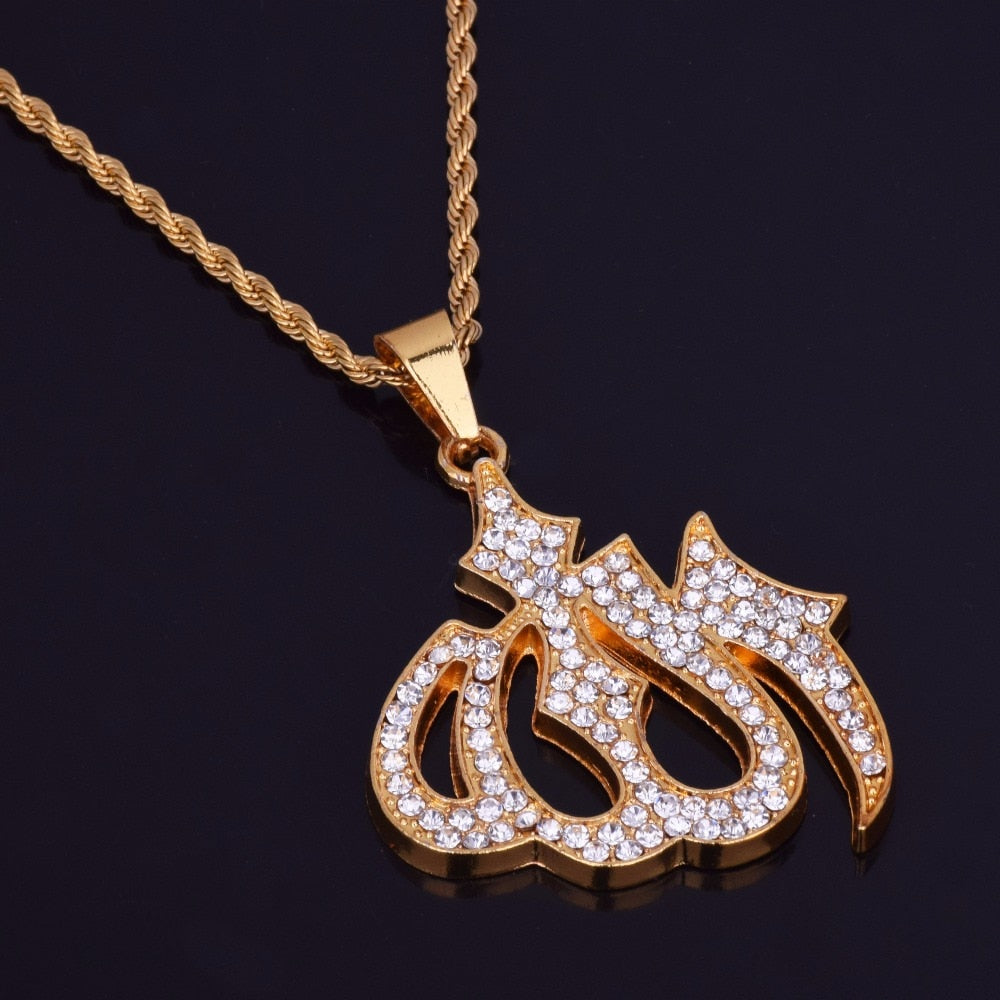 Religious Muslim Jewelry Hip Hop Style Gold Color Bling Crystal Islamic Allah Necklaces &amp; Pendants For Men/Women