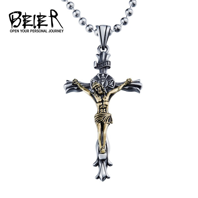 BEIER white/gold Catholic Religious Jesus Piece Cross Pendant Necklace For Men Gift Vintage Chain Christian Jewelry BP8-188