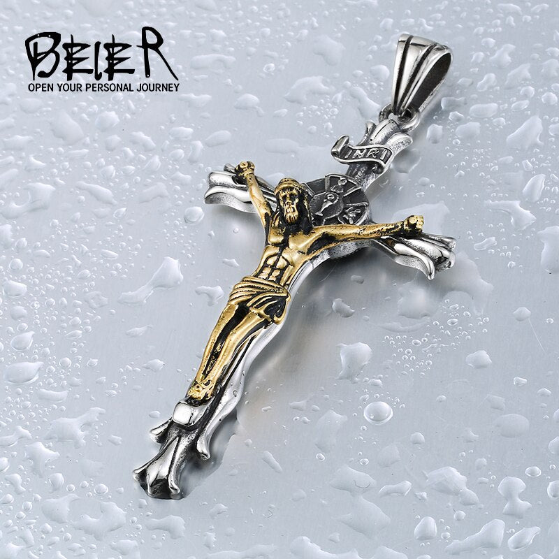 BEIER white/gold Catholic Religious Jesus Piece Cross Pendant Necklace For Men Gift Vintage Chain Christian Jewelry BP8-188