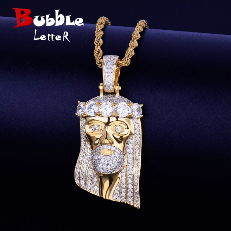 Iced Religious Jesus Head Pendant Necklace Gold Color Bling Cubic Zircon Men's Hip Hop Jewelry For Gift