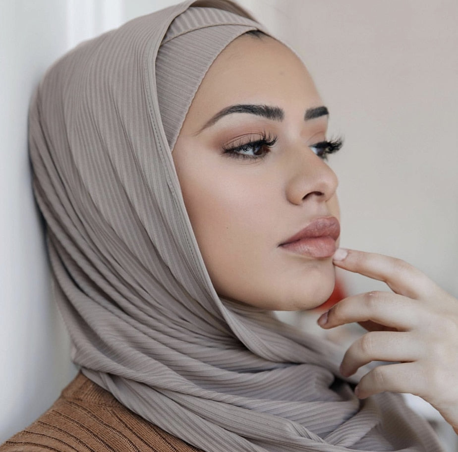 Fashion Pleated Stripe Scarf Women Muslim Jersey Hijabs Shawl hijeb femme Africa Headband Long Islam Underscarf Sjaal Bufandas