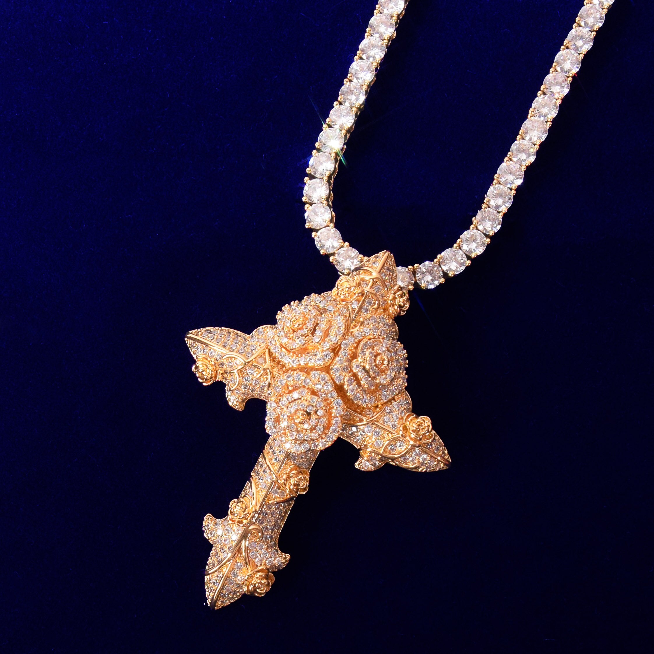 Cross Flower Necklaces &amp; Pendant Gold Color Plated Bling Cubic Zircon Men's Hip Hop Jewelry