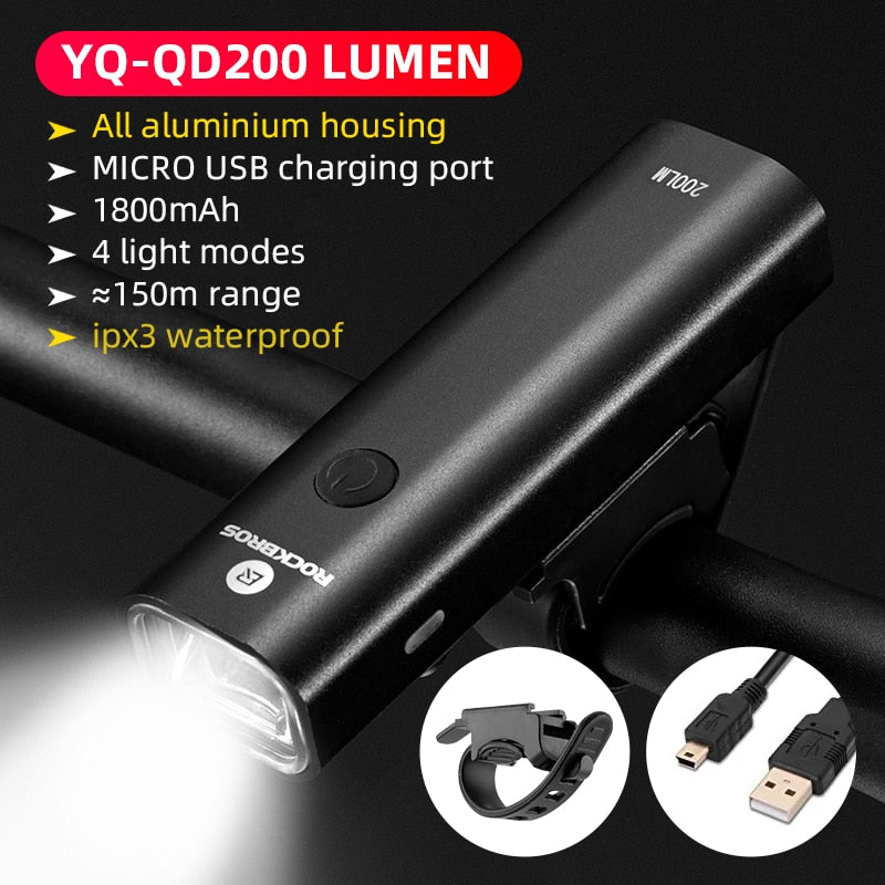 ROCKBROS Bike Light Rainproof USB Rechargeable LED 2000mAh MTB Front Lamp Headlight Aluminum Ultralight Flashlight Bicycle Light