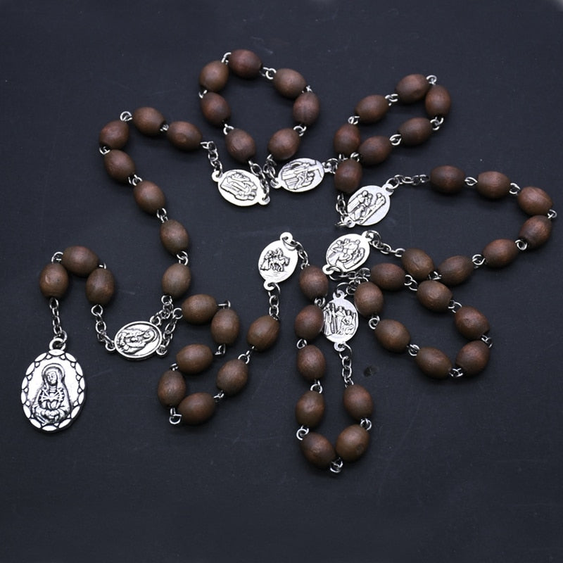 QIGO Brown Wood Rosary Necklace Long Catholic Pray Jewelry For Men Women Religious Gifts
