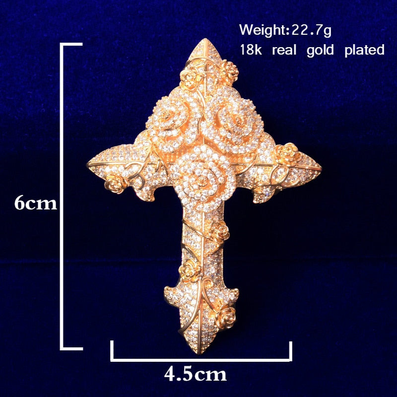 Cross Flower Necklaces &amp; Pendant Gold Color Plated Bling Cubic Zircon Men's Hip Hop Jewelry
