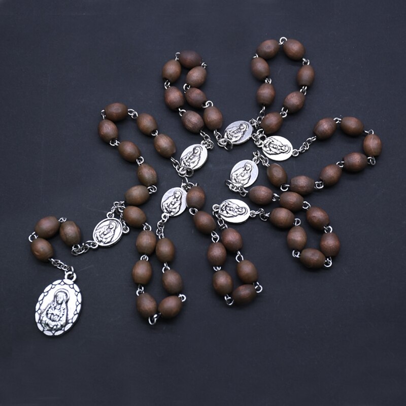 QIGO Brown Wood Rosary Necklace Long Catholic Pray Jewelry For Men Women Religious Gifts