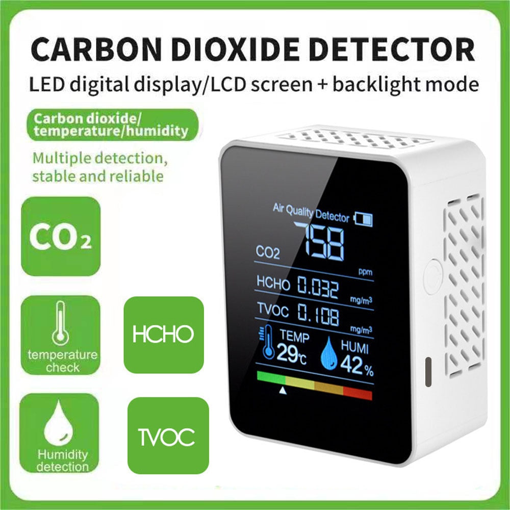 Multifunctional 5in1 CO2 Meter Digital Temperature Humidity Tester Carbon Dioxide TVOC HCHO Detector Air Quality Monitor