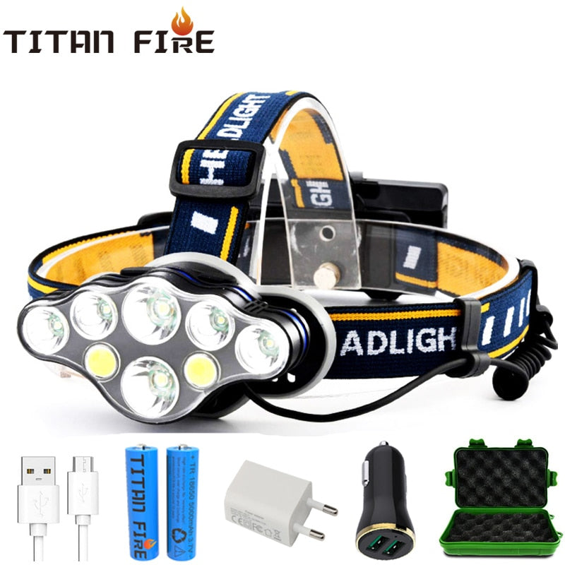 T20 LED Headlamp Rechargeable T6 COB 8 Modes Headlight Lamps 6000 Lumens Flashlight Zoomable Waterproof for Camping Fishing