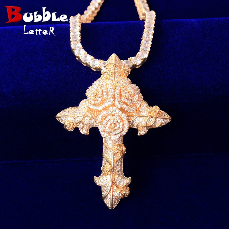 Cross Flower Necklaces &amp; Pendant Gold Color Plated Bling Cubic Zircon Men's Hip Hop Jewelry