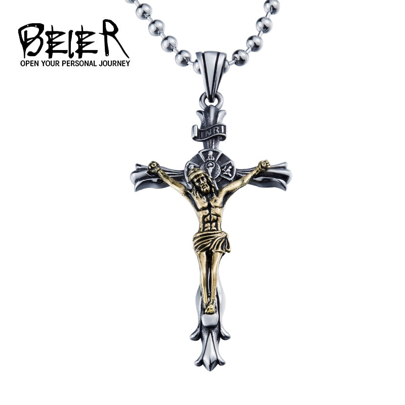 BEIER white/gold Catholic Religious Jesus Piece Cross Pendant Necklace For Men Gift Vintage Chain Christian Jewelry BP8-188