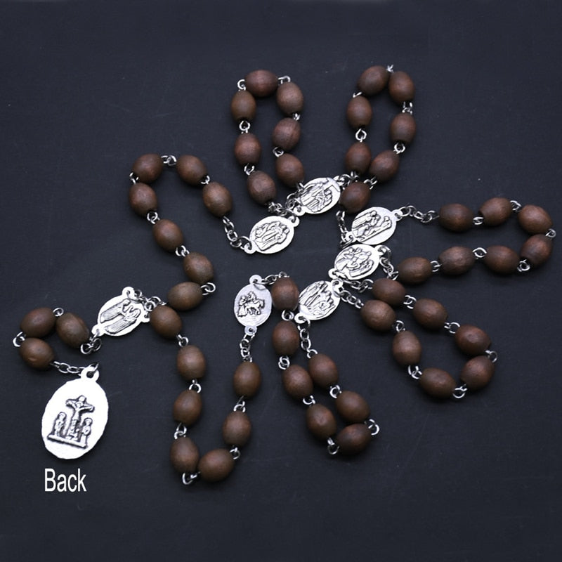 QIGO Brown Wood Rosary Necklace Long Catholic Pray Jewelry For Men Women Religious Gifts