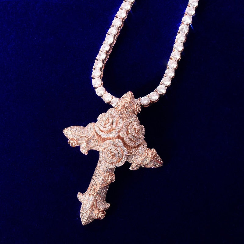 Cross Flower Necklaces &amp; Pendant Gold Color Plated Bling Cubic Zircon Men's Hip Hop Jewelry