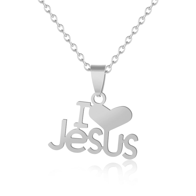 Fashion Heart I Love JESUS pendant Necklace Stainless steel Gold color Women charm Christian religious Jewelry Gift