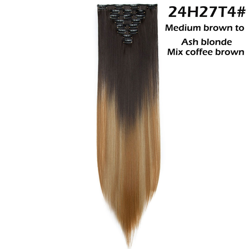 S-noilite Synthetic Pcs/set Long Straight Clip In On Hair Extensions Black Brown Red Pink Purple Fake Hairpieces For Women