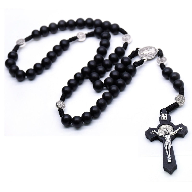 QIGO Religious Wooden Antique Black Cross Rosary Pendant Necklaces Jesus Saint Benedict Beaded Necklace for Men Women Jewelry