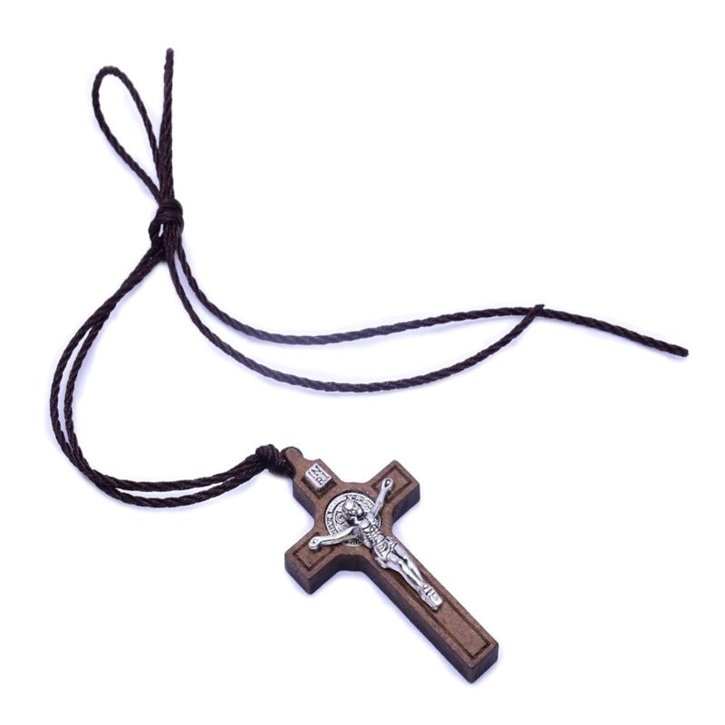 Retro Jesus Cross Necklace Wood Metal Pendant Jewelry Men Women Catholic Religious Christian Charm Gift High Quality