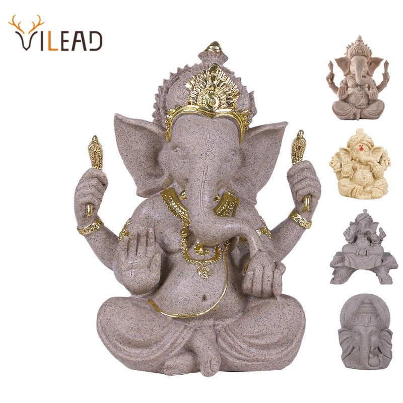 VILEAD Sandstone Indian Ganesha Elephant God Statue Religious Hindu Elephant-Headed Fengshui Buddha Sculpture Home Decor Crafts