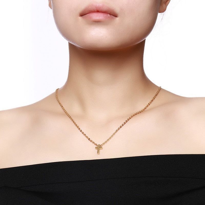Vnox Small Cross Charm Women Necklaces Stainless Steel Simple Religious Christ Jewelry Elegant Lady Daily Jewelry