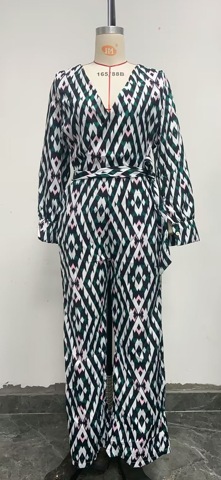 Women's fashion trend geometric print V-neck slim fitting long sleeved pants jumpsuit