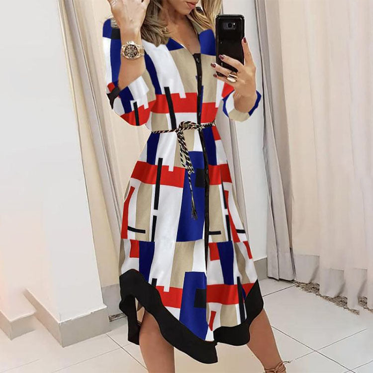 Lapel print loose irregular temperament senior dress female