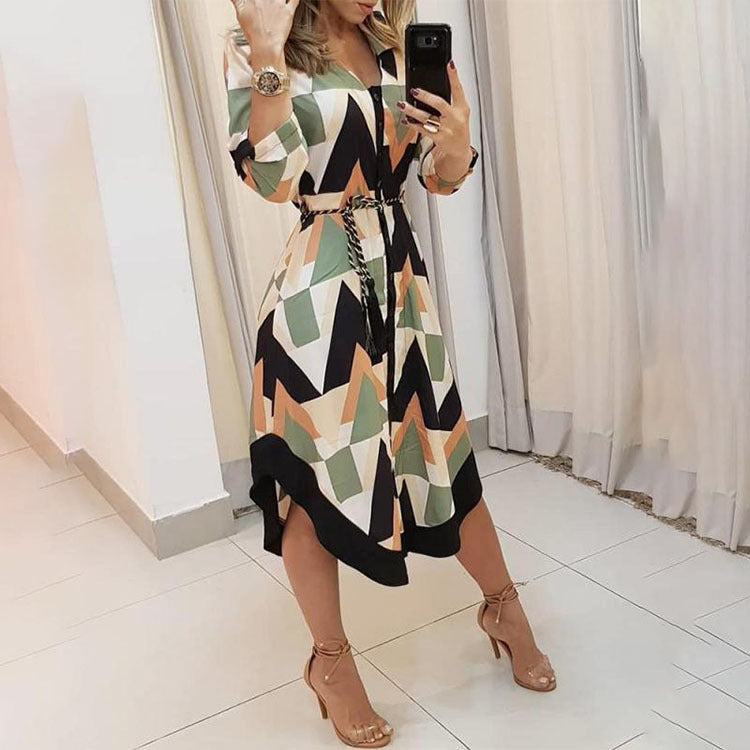 Lapel print loose irregular temperament senior dress female