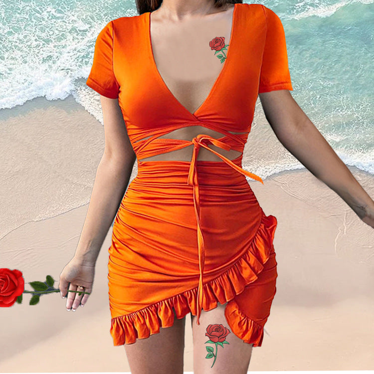 Dress V-neck lace up irregular
