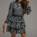 Long sleeve floral printdressv neck short skirt