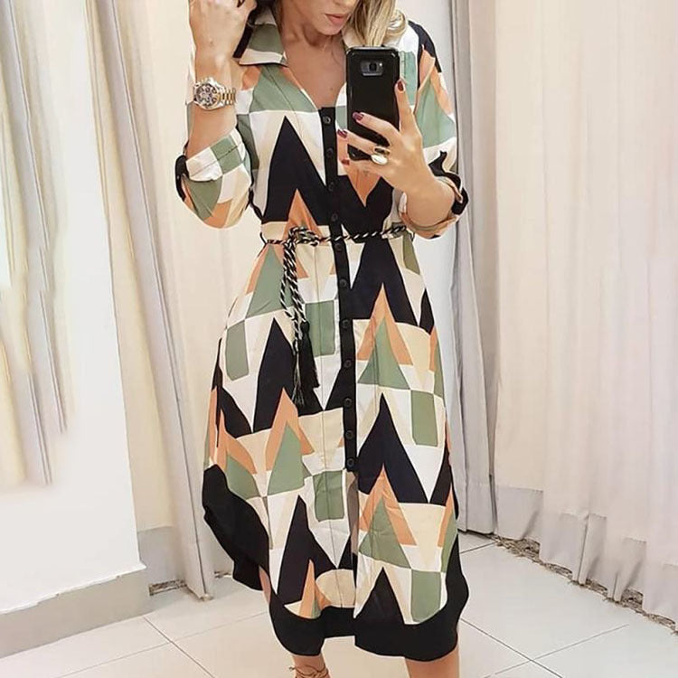 Lapel print loose irregular temperament senior dress female