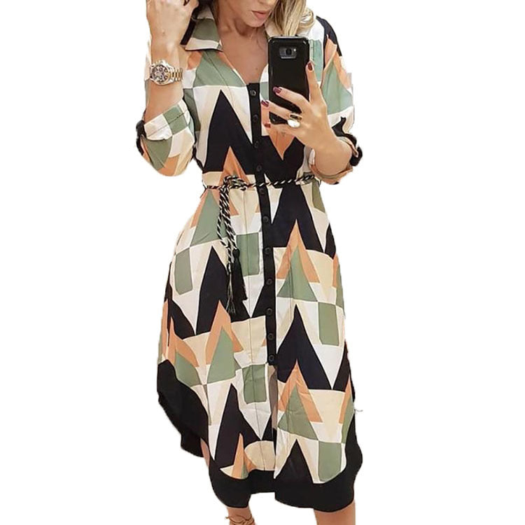 Lapel print loose irregular temperament senior dress female