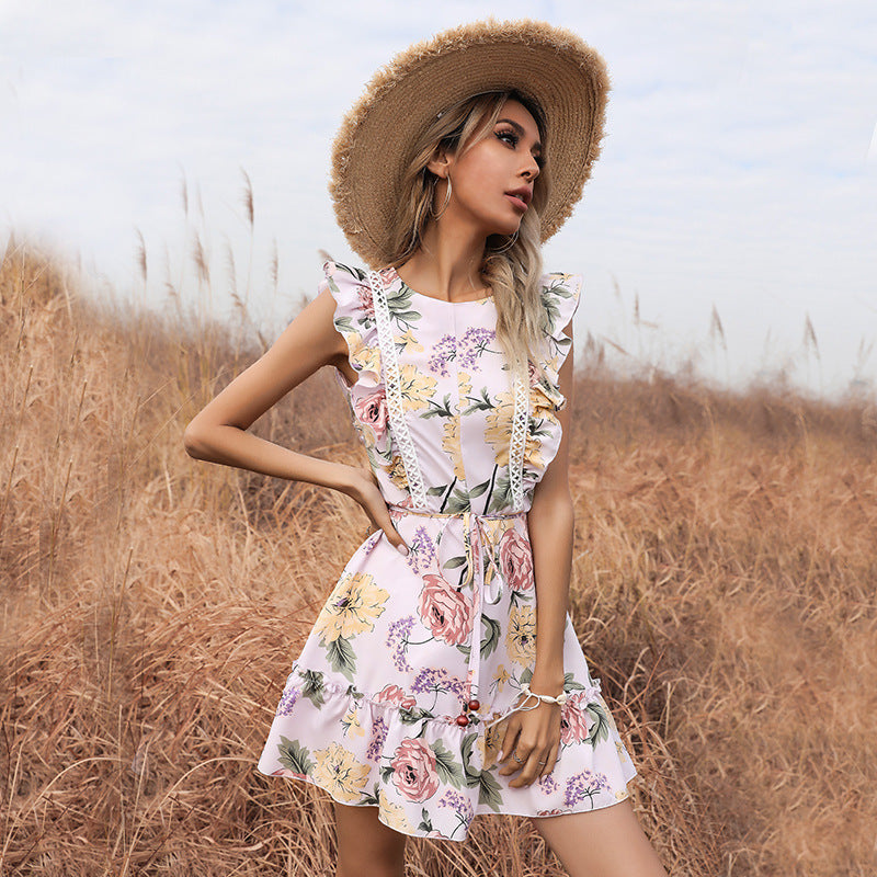 Round Neck Lace Fly Sleeve Dress