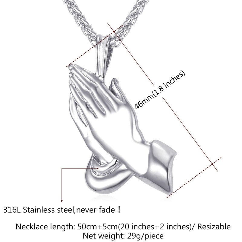 U7 Praying Hands Necklace for Men Women Religious Pendant with 22 Inch Spiga Rope Chain P927