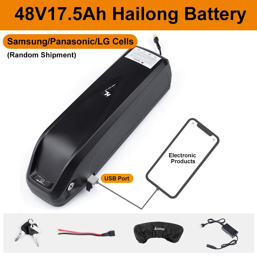 Hailong Samsung Cells E-bike Lithium Battery 48V 17.5Ah 20Ah 18Ah 52V 36V USB Port Powerful Battery Electric Bicycle Conversions