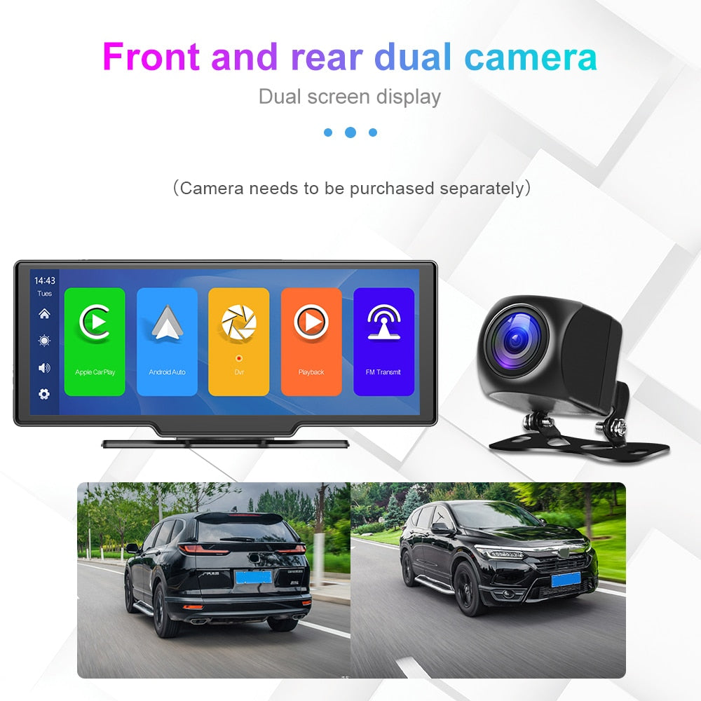 Podofo 9.3" Car Mirror Video Recording Carplay Android Auto Wireless Dash Cam WiFi DVR GPS Navigation Driving Recorder Dashboard