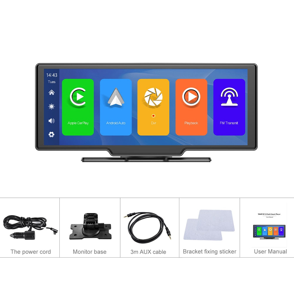 Podofo 9.3" Car Mirror Video Recording Carplay Android Auto Wireless Dash Cam WiFi DVR GPS Navigation Driving Recorder Dashboard