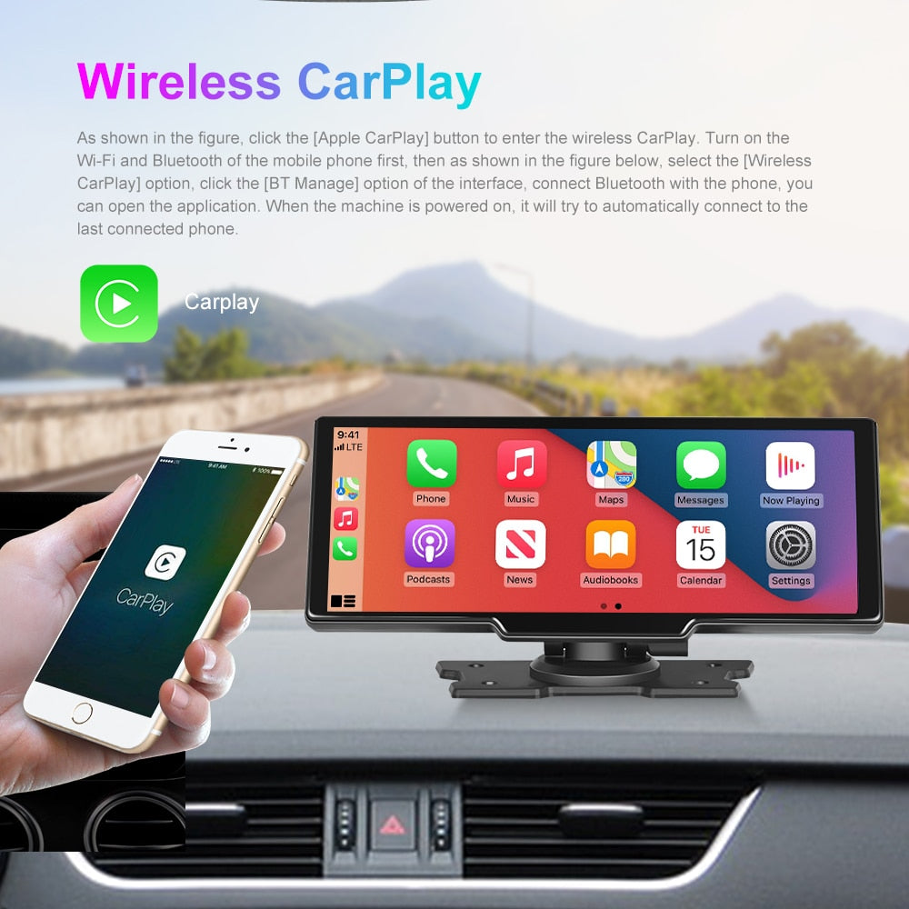 Podofo 9.3" Car Mirror Video Recording Carplay Android Auto Wireless Dash Cam WiFi DVR GPS Navigation Driving Recorder Dashboard