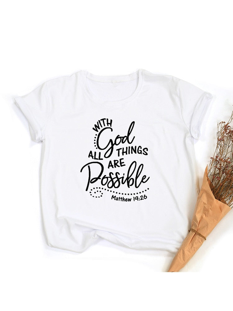 With God All Things Are Possible Print Women Christian T Shirt Religious Graphic Tees Faith Female Tops Summer Clothes Camisetas