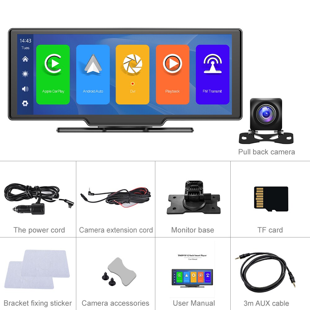 Podofo 9.3" Car Mirror Video Recording Carplay Android Auto Wireless Dash Cam WiFi DVR GPS Navigation Driving Recorder Dashboard