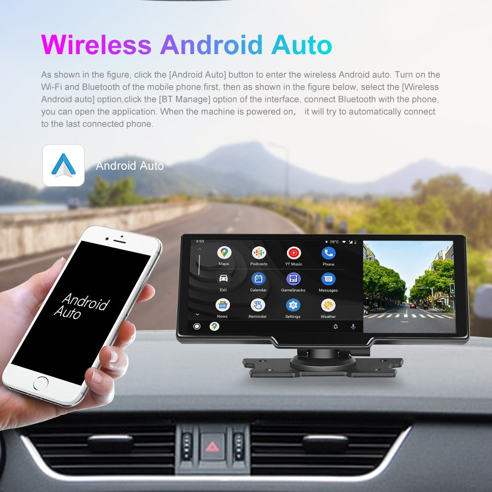 Podofo 9.3" Car Mirror Video Recording Carplay Android Auto Wireless Dash Cam WiFi DVR GPS Navigation Driving Recorder Dashboard