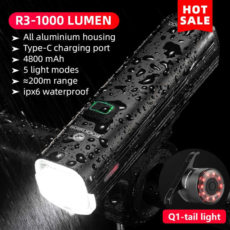 ROCKBROS Bike Light Headlight Bicycle Handlebar Front Lamp MTB Rode Cycling USB Rechargeable Flashlight Safety Tail Light
