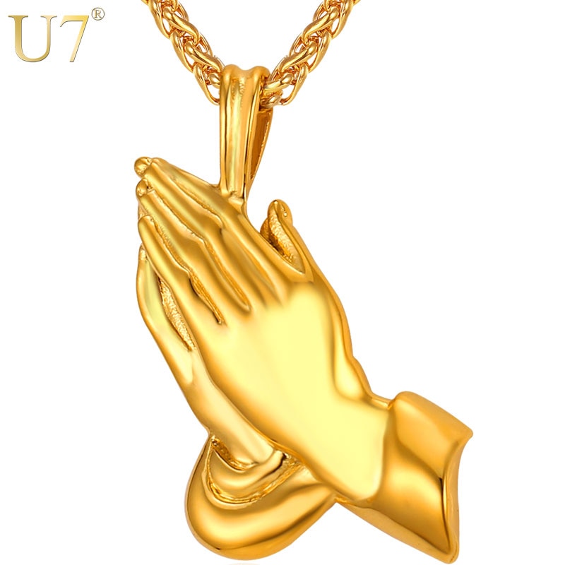 U7 Praying Hands Necklace for Men Women Religious Pendant with 22 Inch Spiga Rope Chain P927