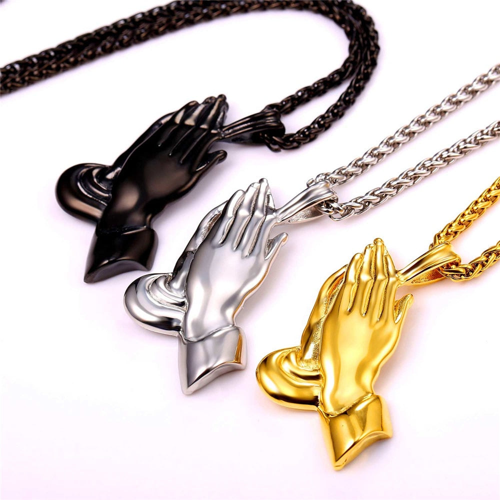 U7 Praying Hands Necklace for Men Women Religious Pendant with 22 Inch Spiga Rope Chain P927