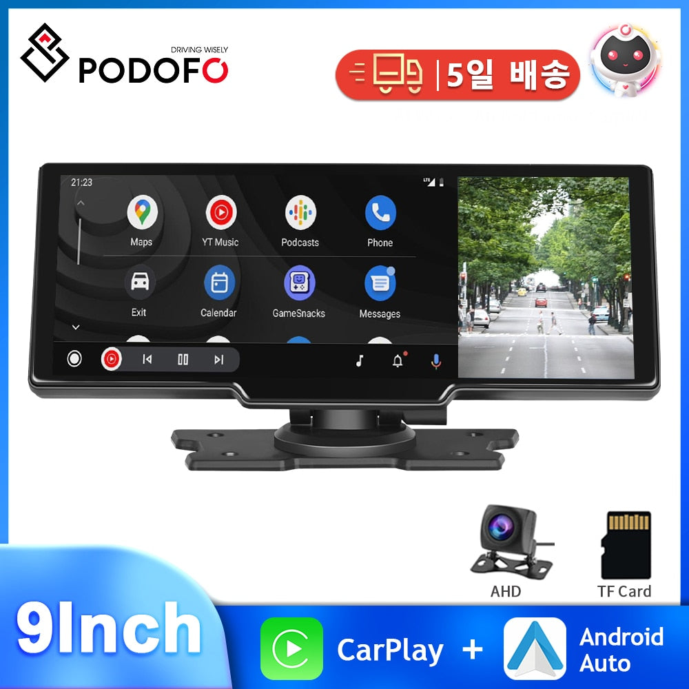 Podofo 9.3" Car Mirror Video Recording Carplay Android Auto Wireless Dash Cam WiFi DVR GPS Navigation Driving Recorder Dashboard