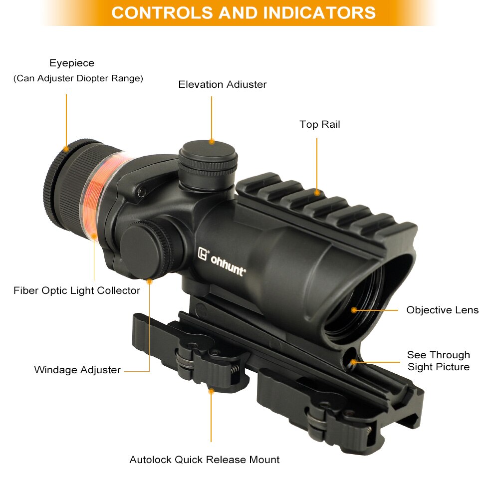 OHHUNT4X32 Rifle Scope Green Fiber Optic Illuminated Reticle With Top Rail Quick Detach Mounts Diopter Adjustment
